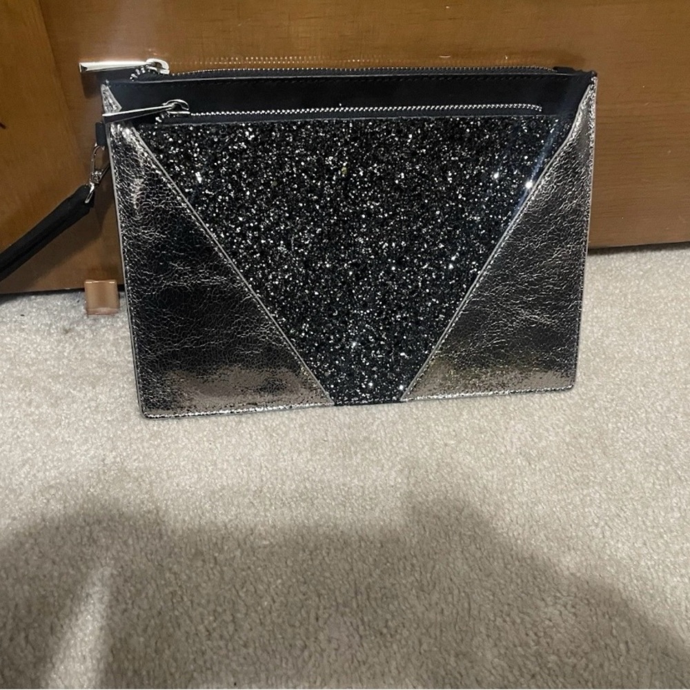 Express Metallic Silver and Black Glitter Wristlet